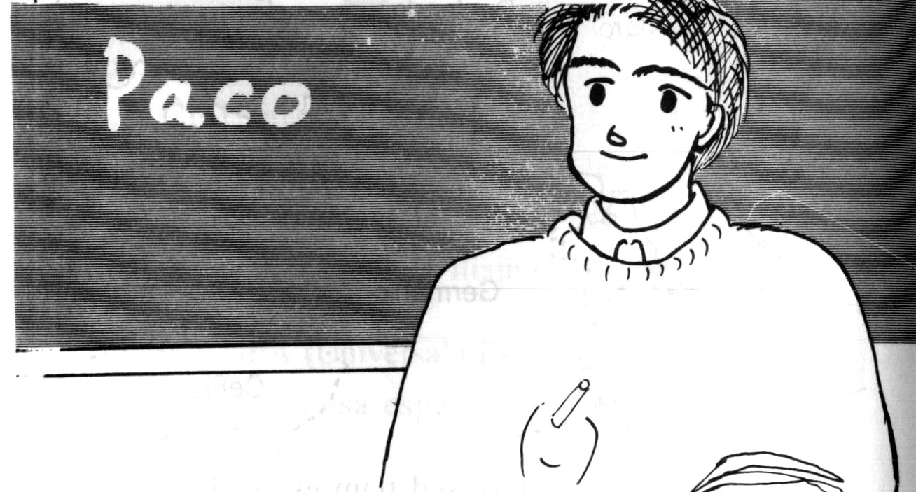 Makoto antaŭ la nigra tabulo kun la vorto “Paco”