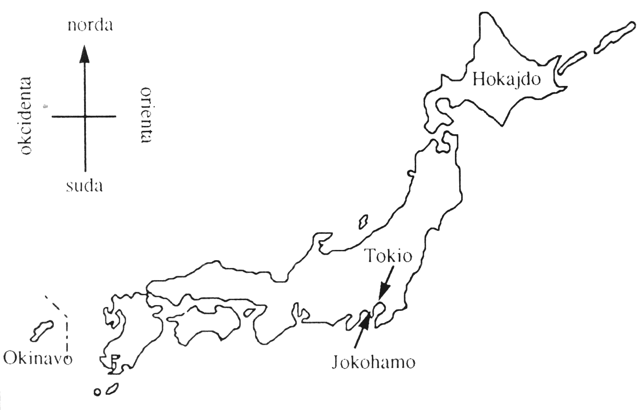 mapo de Japanio: norda, suda, okcidenta, orienta, Hokajdo, Tokio, Jokohamo, Okinavo